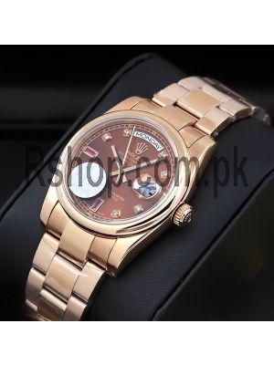 Rolex Everose Gold Day-Date Chocolate Baguette Diamond Dial Watch Price in Pakistan