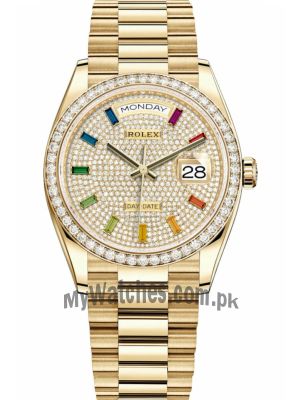 Rolex Day-Date Yellow Gold 128348RBR Pave Rainbow Diamond Dial Watch Price in Pakistan