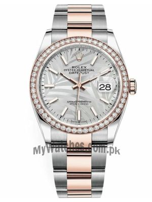 Newest Model-Rolex Datejust Silver Palm Motif Dial Diamond Watch  Price in Pakistan