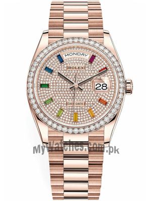 Rolex Day-Date Rainbow Pave Diamond Dial Rose Gold 128345RBR-0042 Watch Price in Pakistan